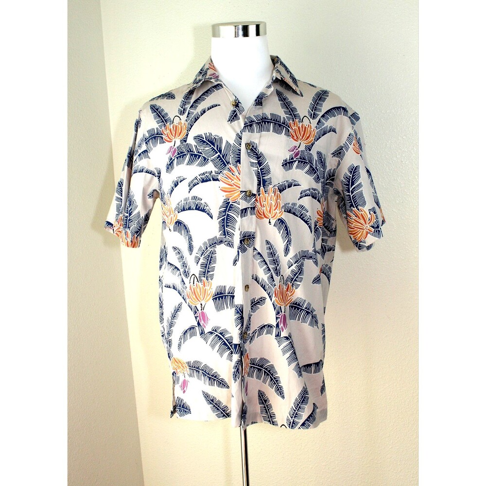 BOHO Aloha COOKIE STREET Hawaiian Shirt Sz. M Blue Orange Bananas Leaves SS #02